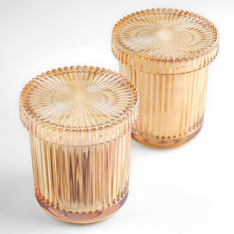 MKOSAB Bathroom Organizers and Storage,2 Pack Glass Qtip Holder Dispenser,Bathroom Essentials Accessories Decor,Vanity Makeup Storage Organizer for Cotton Swabs,Cotton Balls,Pads,Floss Picks (Amber) - Image 3
